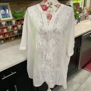 Chico’s Floral Embroidered Blouse Sheer Cotton Coverup Short Sleeve Sz 16/18 New
